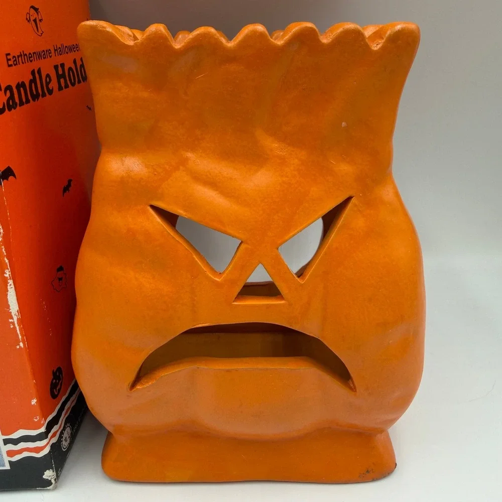 Vintage 1993 Four Star Earthenware Halloween Candle Holder Orange Jack O Lantern